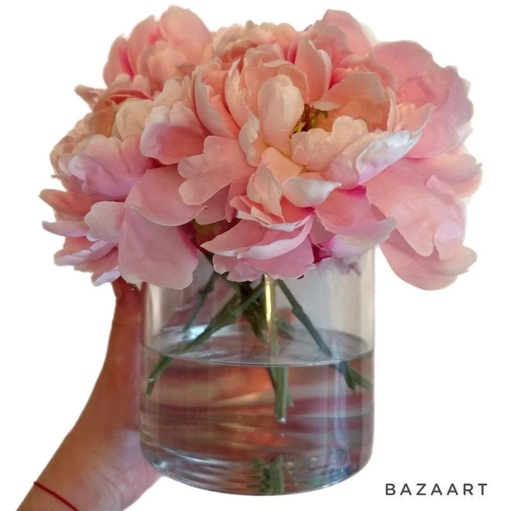 FAUX PINK PEONIES IN GLASS VASE‎